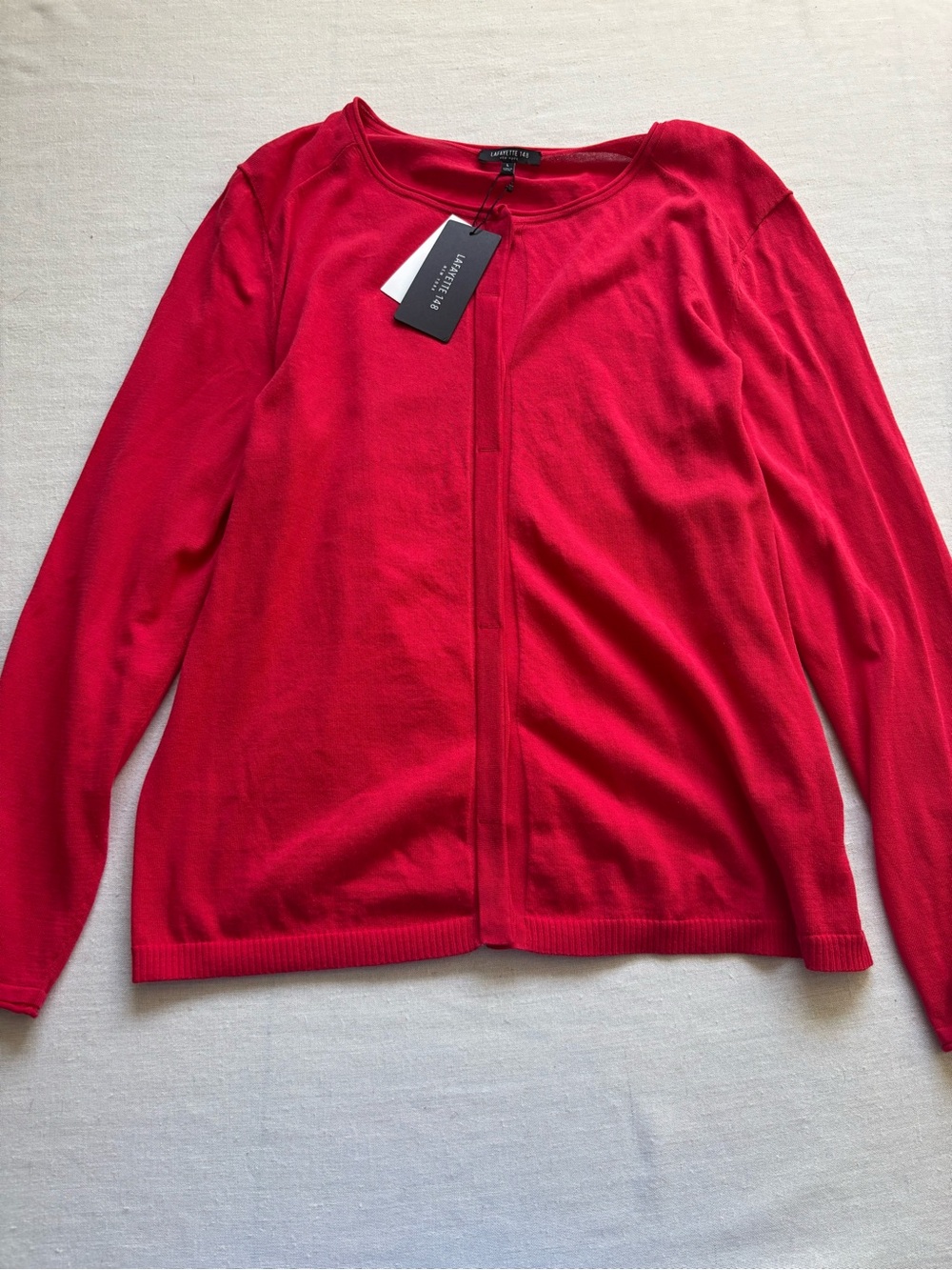 NWT Lafayette 148 Rouge Red Cotton Crewneck Cardigan Size L